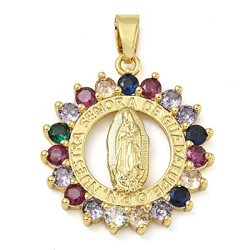 Rack Plating Brass Micro Pave Cubic Zirconia Pendants, Lead Free & Cadmium Free, Long-Lasting Plated, Flat Round with Holy Virgin Charms, Real 18K Gold Plated, 26.5x24x3mm, Hole: 6x3.5mm