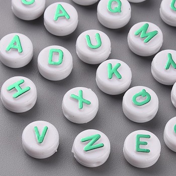 Opaque White Acrylic Beads, with Glitter Powder, Horizontal Hole, Flat Round with Random Letters, Medium Sea Green, 10x6mm, Hole: 2mm, about 936pcs/300g