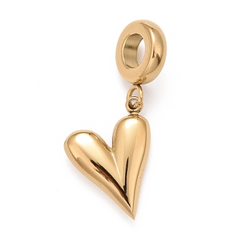 304 Stainless Steel European Dangle Charms, Large Hole Pendants, Heart, Real 18K Gold Plated, 27mm, Hole: 5mm, Heart: 16x12.5x3.5mm