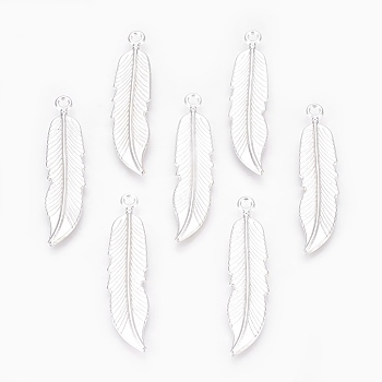Tibetan Style Alloy Pendants, Lead Free and Cadmium Free, Feather, Silver, 45.5x11x2.5mm, Hole: 2mm