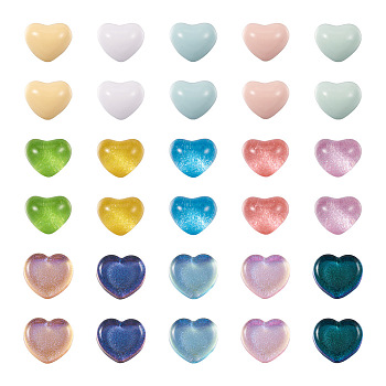 60Pcs 15 Style Transparent and Opaque Resin Cabochons, with Glitter, Heart, Mixed Color, 16.5x18.5x12.5mm, 4pcs/style