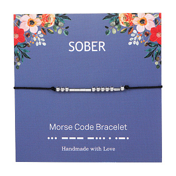 Sober Morse Code Bracelets, Brass Beads Braided Bead Bracelets for Women, with Waxed Cord, Platinum, 5-1/8~11 inch(13~28cm)
