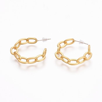 Semicircular Brass Cable Chain Stud Earrings, Half Hoop Earrings, with 925 Sterling Silver Pin and Plastic Ear Nuts, Long-Lasting Plated, Matte Gold Color, 30x6mm, Pin: 0.7mm