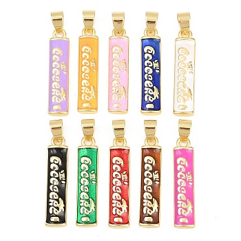 Brass Enamel Pendants, Rectangle with Word Charms, Real 18K Gold Plated, Mixed Color, 29x6.5x3mm, Hole: 6x4mm