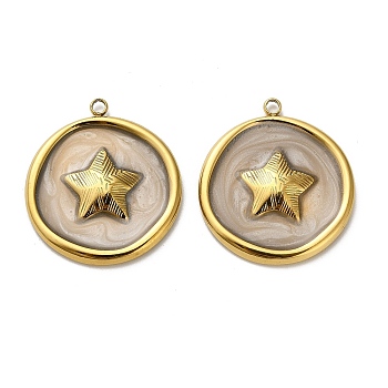 304 Stainless Steel Pendants, Flat Round with Star, with Enamel, Real 18K Gold Plated, Ion Plating(IP), Antique White, 27x24x3mm, Hole: 1.8mm