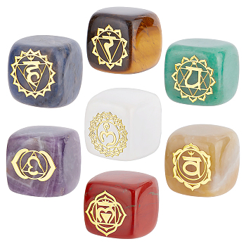 7Pcs 7 Styles Natural Mixed Stone Beads, with Long-Lasting Plated Golden Tone Brass Chakra Pattern Slices, No Hole, Cube, 15.5~18x15~17x14.5~17mm, 1pc/style