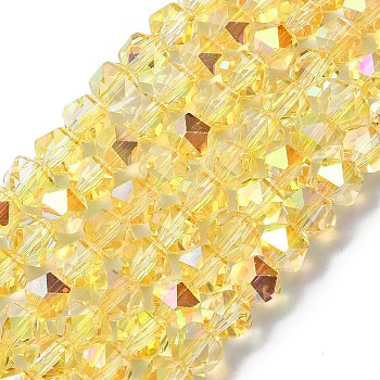 Electroplate Glass Beads, Half Plated, Faceted, Polygon, Gold, 6x6x5.5mm, Hole: 1.2mm, about 96~100pcs/strand, 20.08''~20.47''(51~52cm)