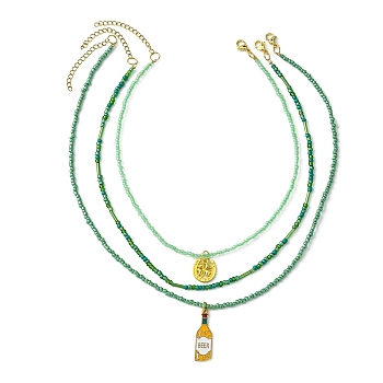 3Pcs 3 Style Alloy Enamel Pendant Necklaces Set with Glass Seed Beaded Chains, Clover & Bottle, Green, 16.22~20.83  inch(41.2~52.9cm), 1Pc/style