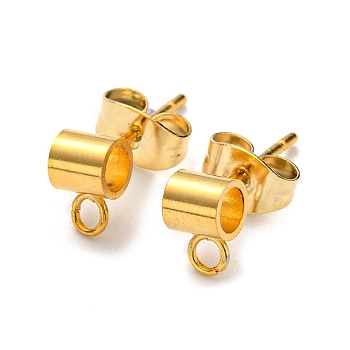 201 Stainless Steel Stud Earring Findings, with 304 Stainless Steel Pin & Horizontal Loops & Friction Ear Nuts, Column Tube, Real 24K Gold Plated, 6.8x4x4mm, Hole: 1.6mm, Inner Diameter: 2.7mm, Pin: 0.8mm