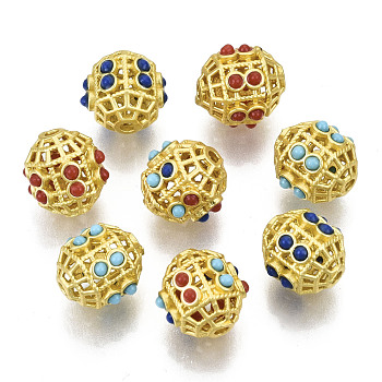 Brass Beads, with Resin, Hollow, Column, Matte Style, Matte Gold Color, Mixed Color, 10.5x10x9mm, Hole: 1.5mm