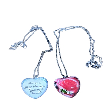 Heart Glass Pendant Necklaces, with Platinum Alloy Chains, Red, Pendant: 23x25mm
