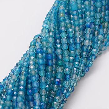 Natural Agate Bead Strands, Dyed, Faceted, Round, Cyan, 4mm, Hole: 0.8mm, about 90~92pcs/strand, 14 inch