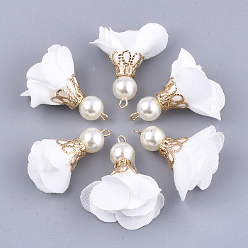 Iron Pendants, with Cloth and ABS Plastic Imitation Pearl, Flower, Golden, White, 25~32x15~25mm, Hole: 1~4mm