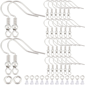 200Pcs Brass Earring Hooks, French Hooks with Coil and Ball, with 200Pcs Jump Rings and 200Pcs Plastic Ear Nuts, Platinum, 17~19x16~18x0.8mm, 20 Gauge, Hole: 2mm