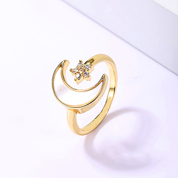 Natural Shell Open Cuff Ring, Golden Stainless Steel Finger Ring, Moon, Inner Diameter: 16~18mm