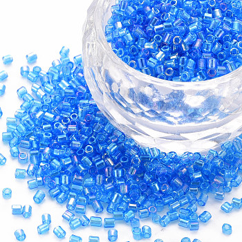 Glass Bugle Beads, Transparent Colours Rainbow, Dodger Blue, 2.5~3x2mm, Hole: 0.9mm, about 15000pcs/pound