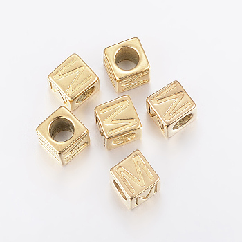 304 Stainless Steel Large Hole Letter European Beads, Horizontal Hole, Cube with Letter.M, Golden, 8x8x8mm, Hole: 5mm