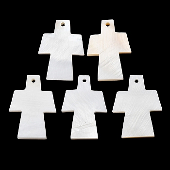 Natural Freshwater Shell Pendants, Religion Cross Charms, White, 31.5x24x3mm, Hole: 1.8mm