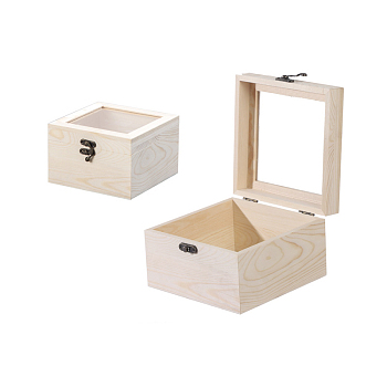 Wooden Storage Boxes, with Clear Glass Flip Cover & Iron Clasp, Square, PapayaWhip, 15x15x10cm