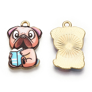 Printed Alloy Pendants, Light Gold, Read Book , Dog Charms, PeachPuff, 22.5x15x1.5mm, Hole: 1.6mm