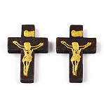 Printed Wooden Pendants, Crucifix Cross, For Easter, Dyed, Coconut Brown, 32.5~33.5x21~22x4.5mm, Hole: 2mm(WOOD-S050-35A-03)