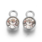 Glass Rhinestone Charms, Birthstone Charms, with Stainless Steel Color Tone 201 Stainless Steel Findings, Flat Round, Stainless Steel Color, 10x6x4mm, Hole: 2.3mm(STAS-F189-P13)