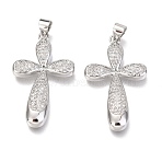 Brass Micro Pave Clear Cubic Zirconia Pendants, Cadmium Free & Lead Free, Cross, Real Platinum Plated, 31x19x3mm, Hole: 3mm(ZIRC-O038-09P)