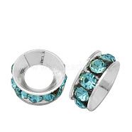 Brass Rhinestone Spacer Beads, Grade A, Rondelle, Silver Color Plated, Aquamarine, 10x4.2mm, Hole: 5.2~5.7mm(RB-A020-10mm-03S)