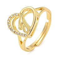 Heart with Letter Rack Plating Brass Micro Pave Cubic Zirconia Adjustable Rings for Women, Lead Free & Cadmium Free, Real 18K Gold Plated, Letter T, Inner Diameter: 16mm(RJEW-I105-06G-T)