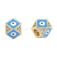Brass Micro Pave Clear Cubic Zirconia Beads, with Enamel, Real 18K Gold Plated, Octagon with Evil Eye, Nickel Free, Deep Sky Blue, 11x11x8.5mm, Hole: 4mm(KK-N227-91B)