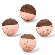 Transparent Resin & Walnut Wood Stud Earring Findings, with 304 Stainless Steel Pin and Gold Foil, Flat Round, Light Salmon, 14mm, Hole: 1.8mm, Pin: 0.7mm(MAK-N032-007A-F04)