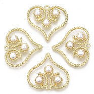 Alloy Pendants, with ABS Plastic Imitation Pearl, Heart, White, Light Gold, 28x31x6mm, Hole: 2mm(PALLOY-R116-15)