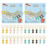 Alloy Enamel Cat Charm Locking Stitch Markers, with Gold Tone 304 Stainless Steel Leverback Earring Findings, Mixed Color, 3.6cm, 6 colors, 2pcs/color, 12pcs/set(HJEW-PH01672)