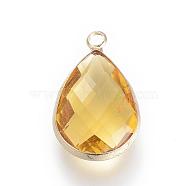 Glass Pendants, with Brass Findings, Faceted, Drop, Light Gold, Goldenrod, 14x7.5x4mm, Hole: 1.8~2.3mm(GLAA-S110-A-04)