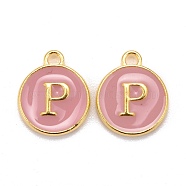 Golden Plated Alloy Enamel Charms, Cadmium Free & Lead Free, Enamelled Sequins, Flat Round with Letter, Pink, Letter.P, 14x12x2mm, Hole: 1.5mm(ENAM-S118-07P)