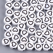 Craft Style Acrylic Beads, Flat Round with Heart, White, 7x3.5mm, Hole: 1.5mm, about 4000~4400pcs/500g(MACR-T023-24B)