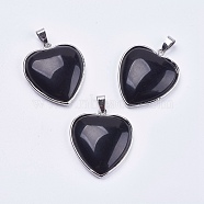 Natural Black Agate Pendants, with Brass Findings, Heart, Platinum, Cadmium Free & Lead Free, 36x31x7mm, Hole: 4x8mm(G-F228-10H-RS)