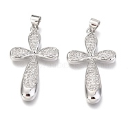 Brass Micro Pave Clear Cubic Zirconia Pendants, Cross, Real Platinum Plated, 31x19x3mm, Hole: 3mm(ZIRC-O038-09P)