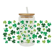 Saint Patrick's Day Theme PET Clear Film Clover Rub on Transfer Stickers for Glass Cups, Waterproof Cup Wrap Transfer Decals for Cup Crafts, Green, 110x230mm(PW-WG36251-02)