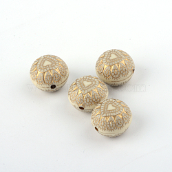 Flat Round with Heart Plating Acrylic Beads, Golden Metal Enlaced, Beige, 15x11.5mm, Hole: 1.5mm, about 309pcs/500g(PACR-Q102-215A)