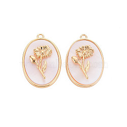 Brass Birth Floral Pendants, Oval with Flower Mother of Pearl White Shell Charms, Nickel Free, Real 18K Gold Plated, April Daisy, 27x18x4mm, Hole: 1.8mm(KK-S364-290)