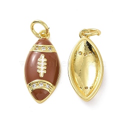 Rack Plating Brass Micro Pave Cubic Zirconia Pendants, with Jump Ring and Enamel, Long-Lasting Plated, Cadmium Free & Lead Free, Rugby Charm, Real 18K Gold Plated, 20x9x3.5mm, Hole: 3mm(X-KK-C008-28G)