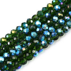 Electroplate Glass Beads Strands, Half Rainbow Plated, Faceted, Rondelle, Dark Green, 3.5~3.8x3mm, Hole: 0.4mm, about 113~115pcs/strand, 32.5~33cm(EGLA-A044-T3mm-L24)