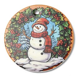Christmas Handmade Printed Porcelain Big Pendants, Flat Round Charm, Snowman, 76x3.5mm, Hole: 5mm(PORC-F009-04)