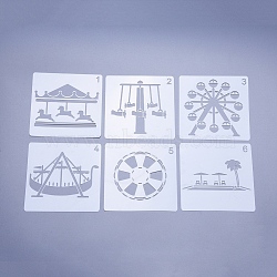 Plastic Drawing Stencil for Kids Teen Boys Girls, Reusable Drawing Template for DIY Scrapbooking, Journal, School Projects, Amusement Park Them, White, 130x130x0.3mm, 6pcs/set(DIY-D023-13P)