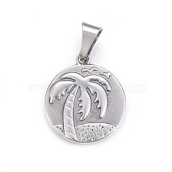 304 Stainless Steel Pendants, Flat Round with Coconut Tree, Stainless Steel Color, 28.5x25x3mm, Hole: 10x6mm(STAS-P211-22P)