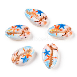 Printed Cowrie Shell Beads, No Hole/Undrilled, Starfish
 Pattern, Starfish, 18.5~22x13~14.5x6~7.5mm(SSHEL-ZX006-05A)