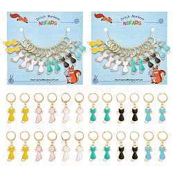 Alloy Enamel Cat Charm Locking Stitch Markers, with Gold Tone 304 Stainless Steel Leverback Earring Findings, Mixed Color, 3.6cm, 6 colors, 2pcs/color, 12pcs/set(HJEW-PH01672)