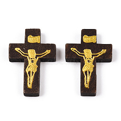 Printed Wooden Pendants, Crucifix Cross, For Easter, Dyed, Coconut Brown, 32.5~33.5x21~22x4.5mm, Hole: 2mm(WOOD-S050-35A-03)