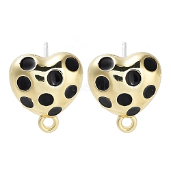 Golden Alloy Enamel Stud Earring Finding Accessories, Heart, Black, 12x11mm, Hole: 1.4mm, Pin: 0.7x13mm(FIND-U006-08G-01)